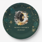 天日と月の花が緑に輝く ペーパープレート (正面)