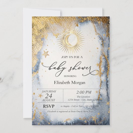 天日、月、星の水彩赤ちゃんシャワー 招待状 (正面)