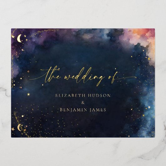 天星ミッドナイトブルー結婚の金ゴールド応答 箔招待状ポストカード (正面)