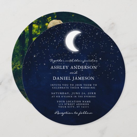 天月と星の丸い写真結婚の 招待状 (正面/裏面)
