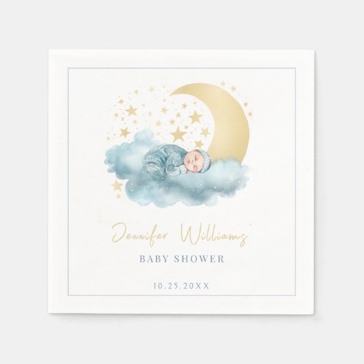 天月の星男の赤ちゃんシャワー紙ナプキン スタンダードカクテルナプキン (正面)