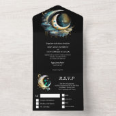 天月の神秘的な星空の夜ブラックブルー オールインワン招待状 (内側)