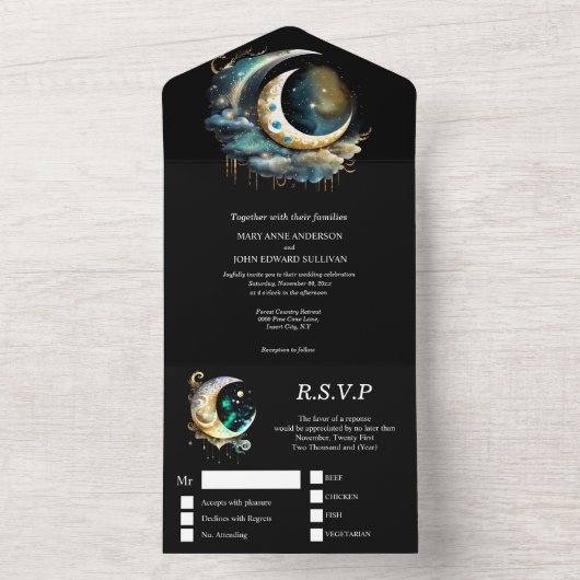 天月の神秘的な星空の夜ブラックブルー オールインワン招待状 (内側)