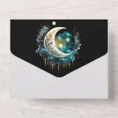 天月の神秘的な星空の夜ブラックブルー オールインワン招待状 (裏面)