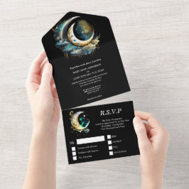 天月の神秘的な星空の夜ブラックブルー オールインワン招待状