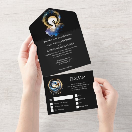 天月ブライダルカップルのシルエット星空 オールインワン招待状 (貼ってはがせる)