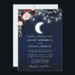 天月ブルゴーニュフローラジャールライツ結婚ズ 招待状<br><div class="desc">天体結婚式招待状。水の色の青い夜空と水の瓶の文字列のライトと月。ブルゴーニュブルーピンクフローラ。緑のユーカリ葉ス。</div>