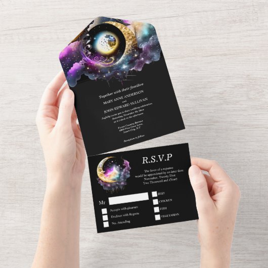 天月銀河系夜の三日月星ファンタジー オールインワン招待状 (貼ってはがせる)