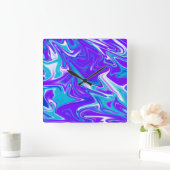 「天波 – 青い白と紫の大理石 スクエア壁時計 (ホーム)