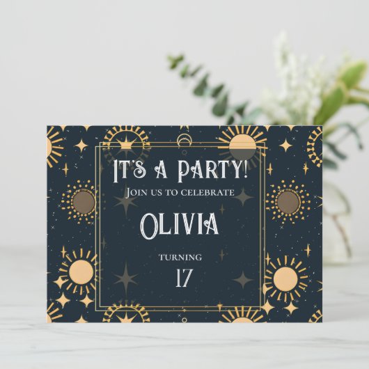 天海軍金ゴールド星神秘的な太陽誕生日 招待状 (スタンド正面)