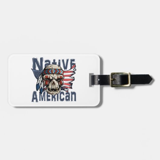 天然アメリカインディアンの戦士のスカル米国の旗 ラゲッジタグ (正面横)