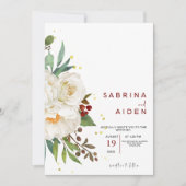 天然エレガント白バラ牡丹フローラ結婚 招待状 (正面)