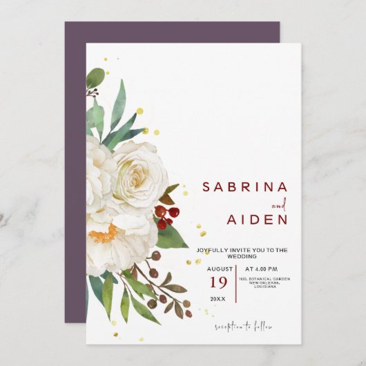 天然エレガント白バラ牡丹フローラ結婚 招待状 (正面/裏面)