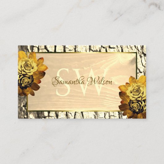 天然明茶色の木目とイニシャルフローラ 名刺 (正面)