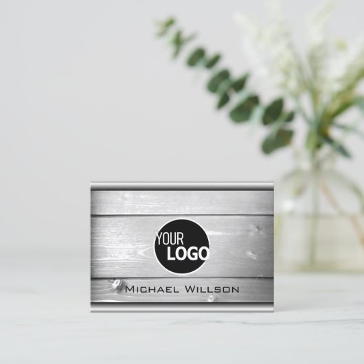 天然木目白木板のロゴモダン 名刺 (スタンド正面)