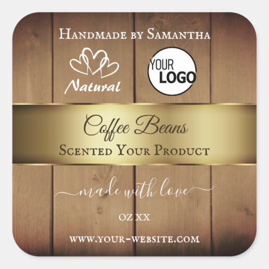 天然木目製品ラベル金ゴールドデコールロゴ スクエアシール (正面)