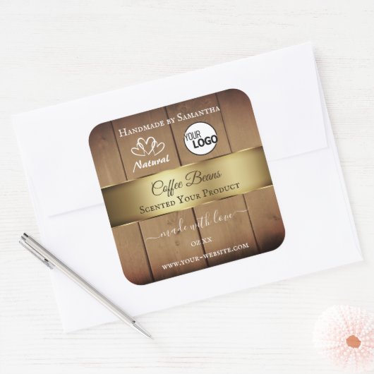 天然木目製品ラベル金ゴールドデコールロゴ スクエアシール (封筒)