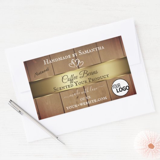 天然木目製品ラベル金ゴールドデコールロゴ 長方形シール (封筒)