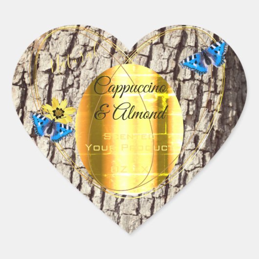 天然木素朴樹皮の木目製品ラベル ハートシール (正面)