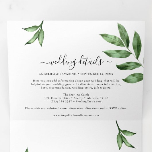 天然水の色の手絵を描の緑結婚の 三つ折り招待状 (内部最初)