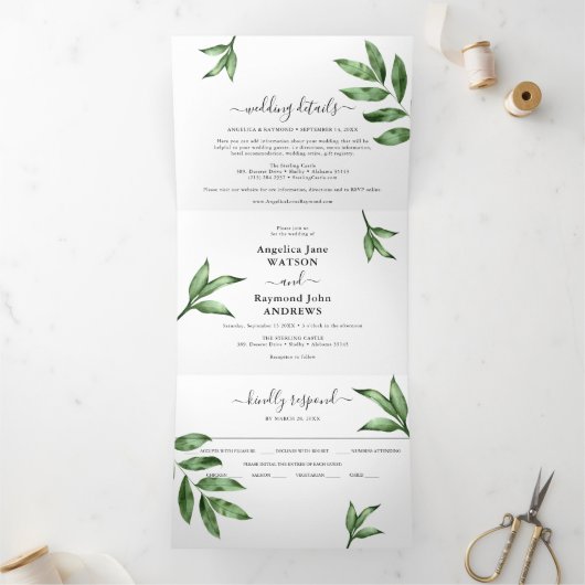 天然水の色の手絵を描の緑結婚の 三つ折り招待状 (内部)