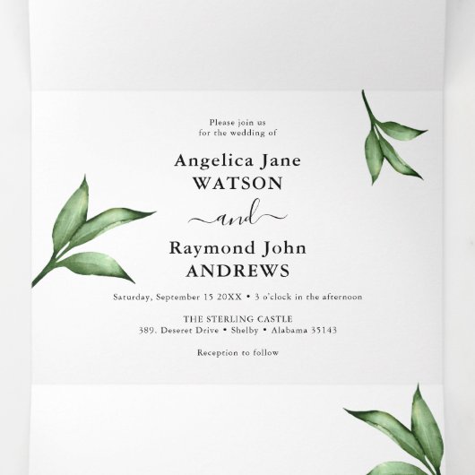 天然水の色の手絵を描の緑結婚の 三つ折り招待状 (内部中)