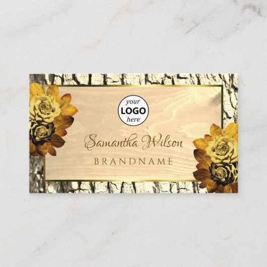 天然淡い茶色の木の樹皮とロゴフローラ 名刺 (正面)