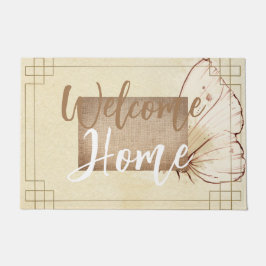 天然色ブラウンベージュのバーラップのスクリプト文字かわいい ドアマット