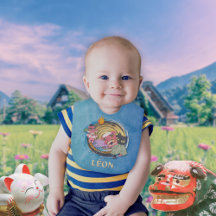 天狗とライオンの踊り猫ベビー用ビブ – 青