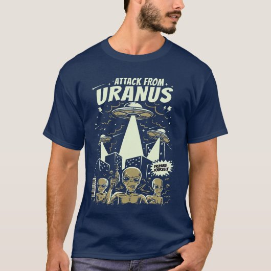 天王星からの攻撃 レトロ宇宙人UFOコミックブー Tシャツ (正面)