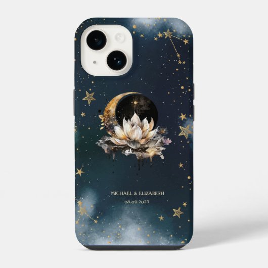 天界の金色の太陽、月、蓮の星の夜空 iPhoneケース (裏面)