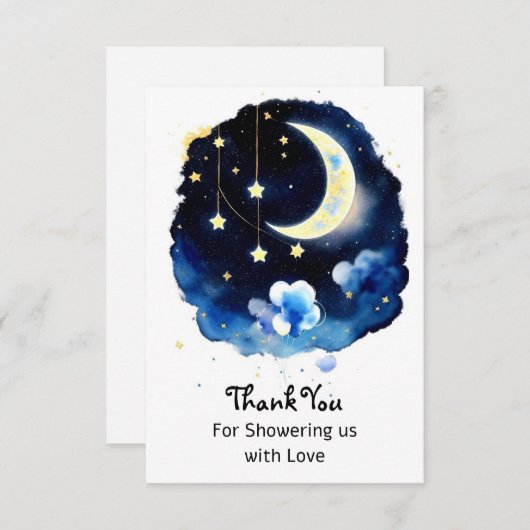 天疑問に思星:月と星の男の子の赤ちゃんシャワー サンキューカード (正面/裏面)
