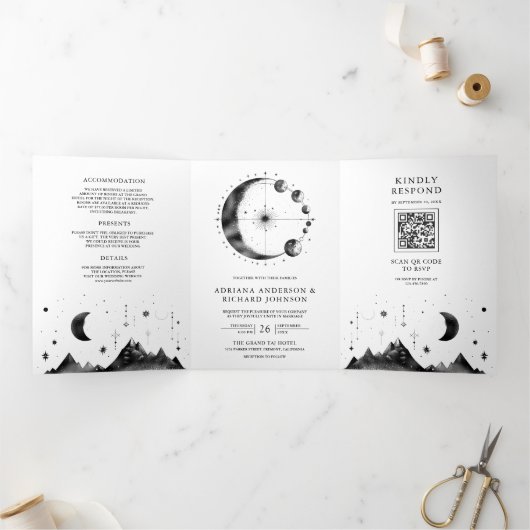 天白黒三日月結婚相 三つ折り招待状 (内部)