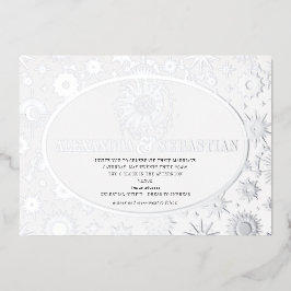 天真夜中の星月日結婚の銀 箔招待状