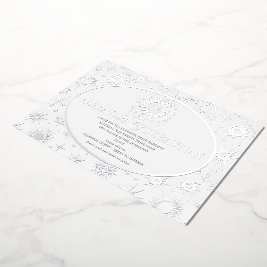 天真夜中の星月日結婚の銀 箔招待状 (回転した状態)