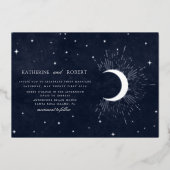 天真夜中の青い銀の星結婚たち 箔招待状 (正面)