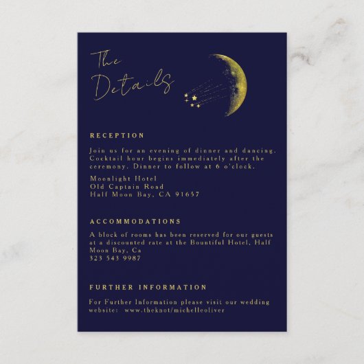 天真夜中の青金ゴールド三日月結婚の エンクロージャーカード (正面)