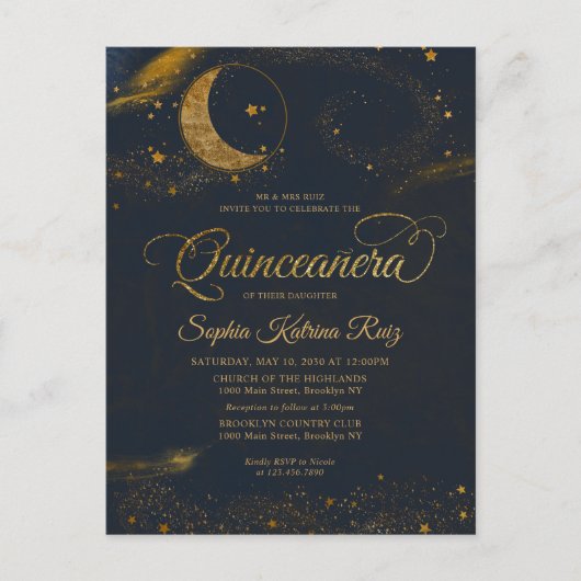 天真夜中ブルー金ゴールドスタームーンキンセアニェラ ポストカード (正面)