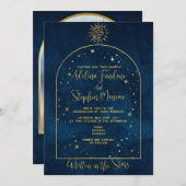 天真夜中ブルー金ゴールドスタームーンサン結婚ズ 招待状 (正面/裏面)