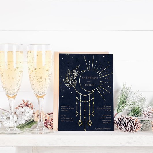 天真夜中金ゴールドスターズ結婚ムーン 箔招待状