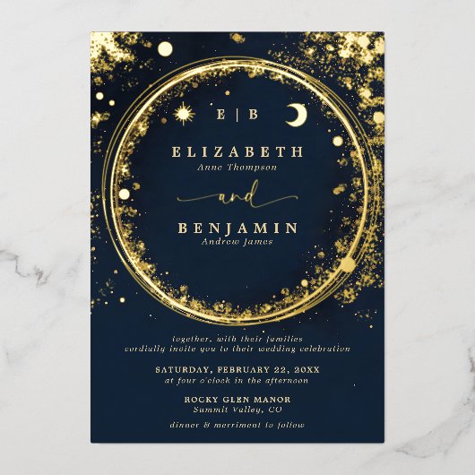 天真夜中金ゴールドモガムエレガントな結婚式 箔招待状 (正面)