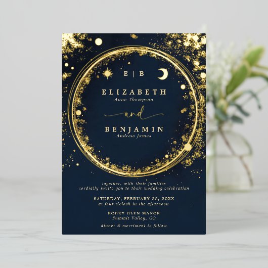 天真夜中金ゴールドモガムエレガントな結婚式 箔招待状 (立ち正面)