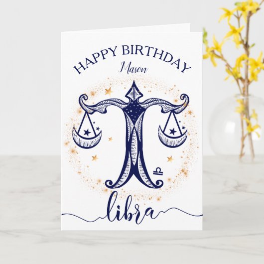 天秤座の(占星術の)十二宮図海軍及び金ゴールドのモノクロバースデー・カード カード (黄色い花)