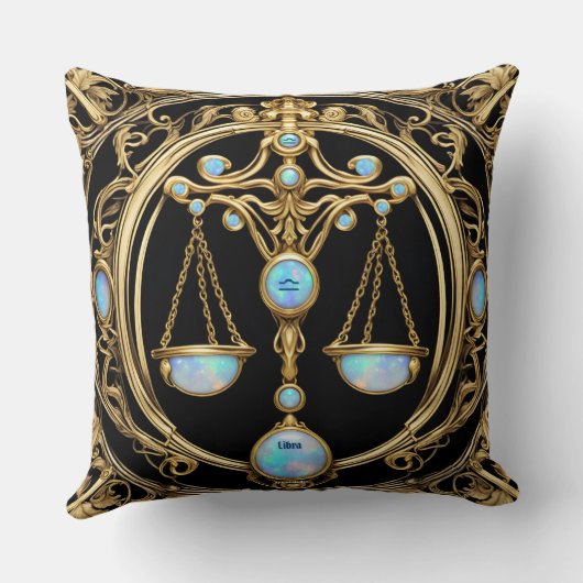 天秤座はかりで測、オパールおよび金ゴールドパーソナライズされた〔占星術の〕十二宮図 クッション (裏面)