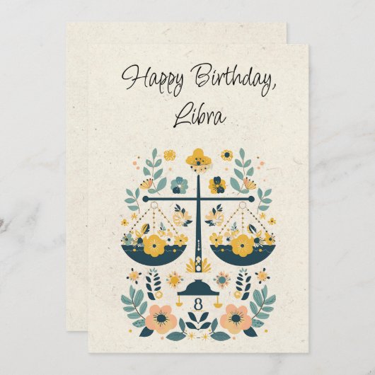 天秤座はかりで測〔占星術の〕十二宮図フローラ誕生日フラットカード (正面/裏面)