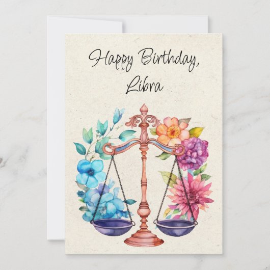 天秤座はかりで測〔占星術の〕十二宮図水彩誕生日フラットカード (正面)