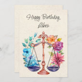 天秤座はかりで測〔占星術の〕十二宮図水彩誕生日フラットカード (正面/裏面)