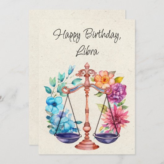 天秤座はかりで測〔占星術の〕十二宮図水彩誕生日フラットカード (正面/裏面)