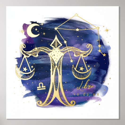 天秤座はかりで測〔占星術の〕十二宮図誕生日カスタムの署名 箔ポスター (正面)