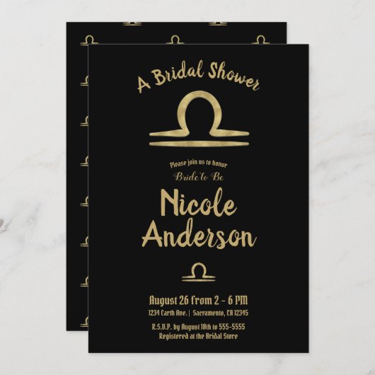 天秤座金ゴールド〔占星術の〕十二宮図星学秋ブライダルシャワー 招待状 (正面/裏面)